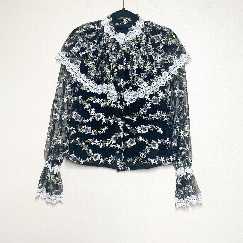 Sister Jane Prickle Organza Blouse XS Black Floral Long Sleeve Button Down Top
